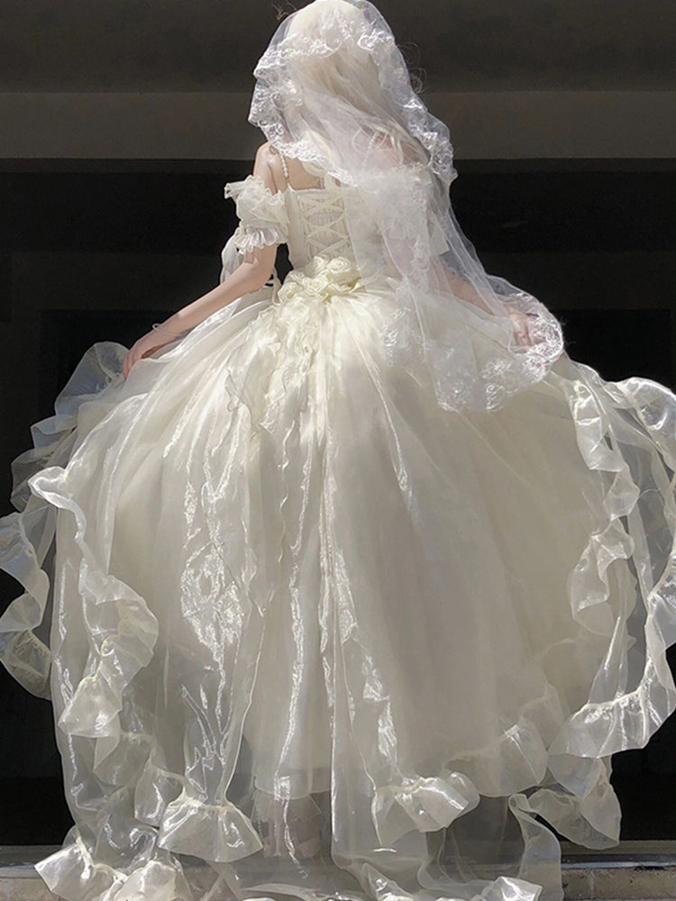 Princess Ball Gown Off The Shoulder Short Sleeves Ivory Floral 16th Chiffon Birthday Dress Lolita Dress 18th Birthday Outfits W1201