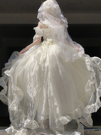 Princess Ball Gown Off The Shoulder Short Sleeves Ivory Floral 16th Chiffon Birthday Dress Lolita Dress 18th Birthday Outfits W1201