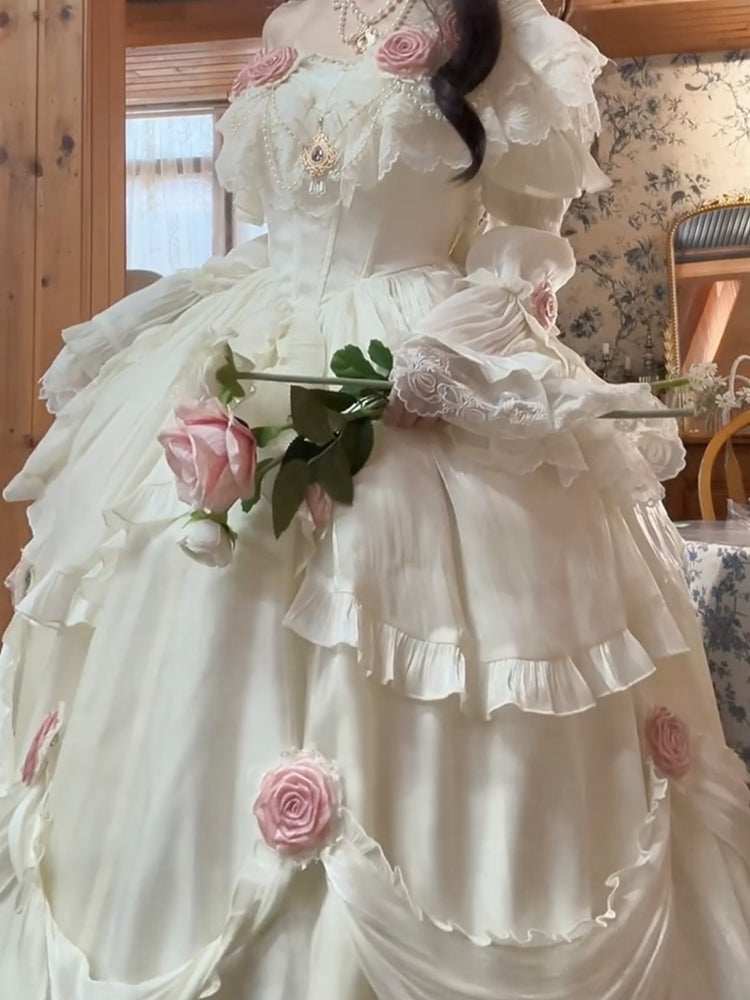 Retro Ball Gown Off The Shoulder Short Sleeves White Rose Floral 16th Chiffon Birthday Dress Lolita Dress 18th Birthday Outfits W1212