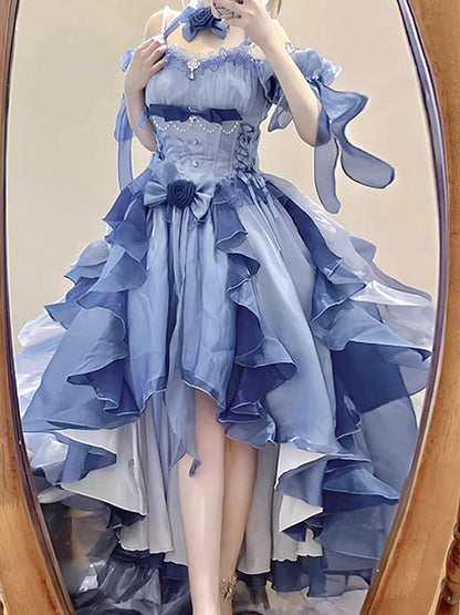 Vintage High Low Off The Shoulder Short Sleeves 16th Blue Birthday Dress Lolita Dress Birthday Outfits DP0224