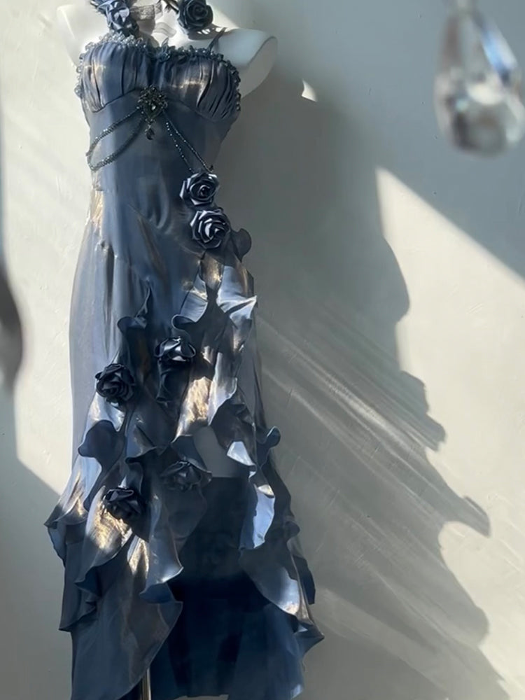 Vintage High Low Spaghetti Straps Blue 16th Birthday Dress With Sleeves Lolita Dress Satin Birthday Outfits DP0225