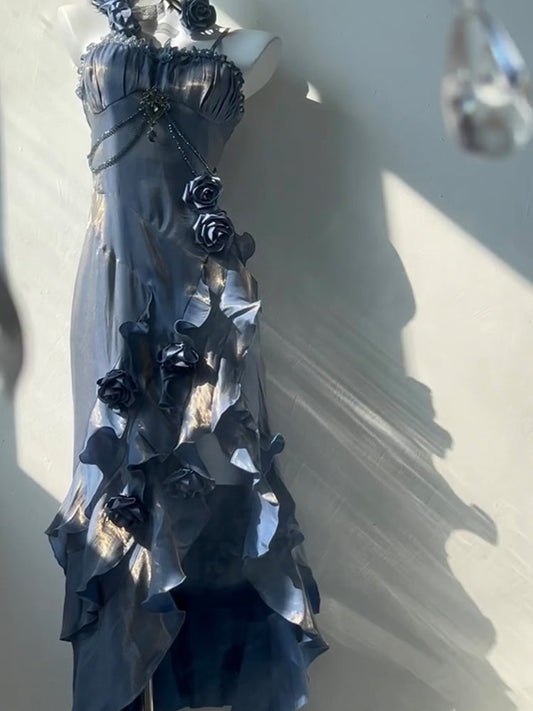 Vintage High Low Spaghetti Straps Blue 16th Birthday Dress With Sleeves Lolita Dress Satin Birthday Outfits DP0225