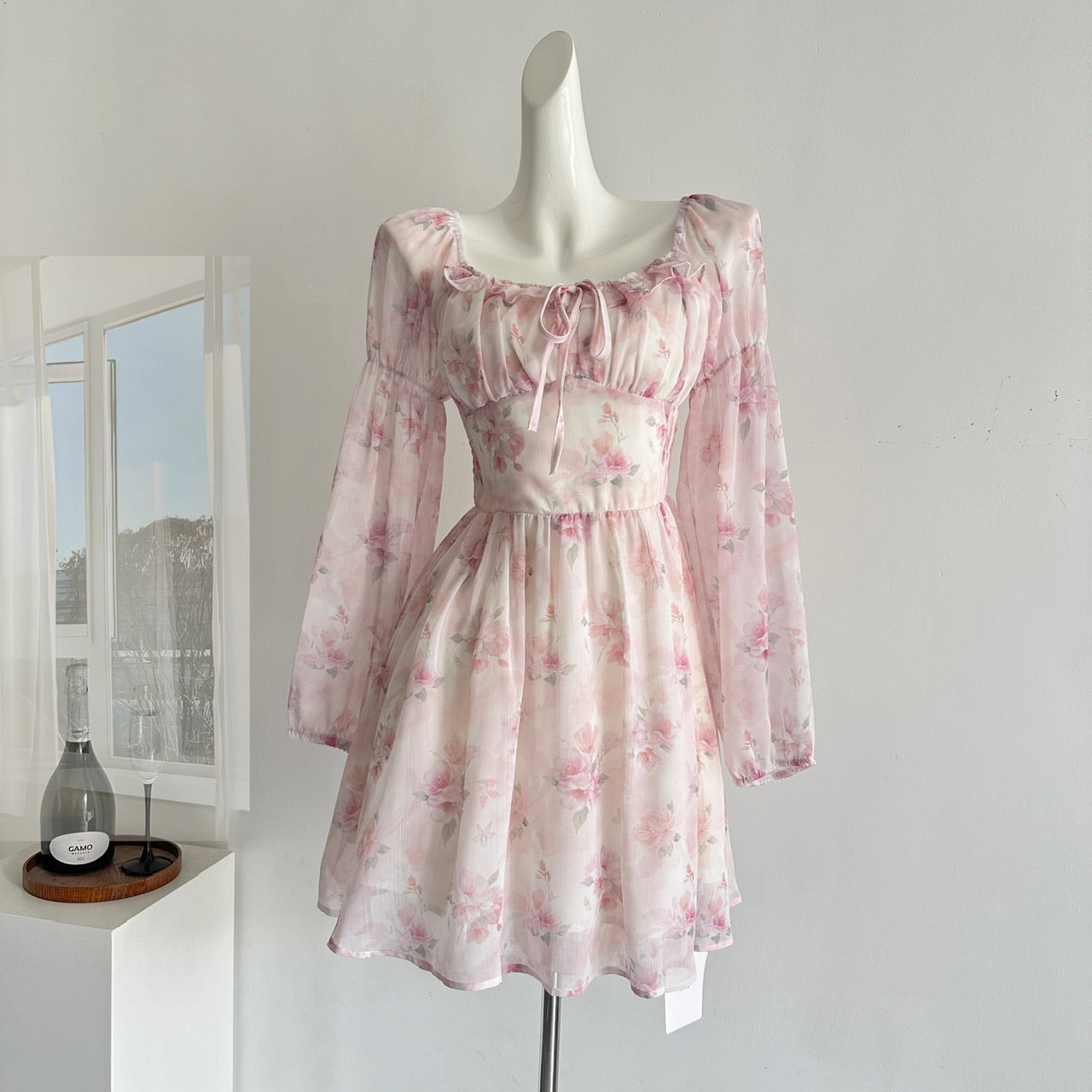 Cute A line Square Neckline Floral Pink Short Summer Dress Holiday Party Birthday Outfits DP0139