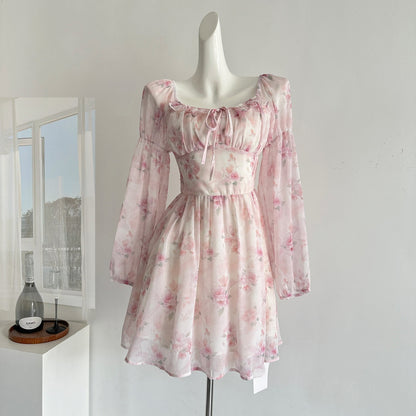 Cute A line Square Neckline Floral Pink Short Summer Dress Holiday Party Birthday Outfits DP0139