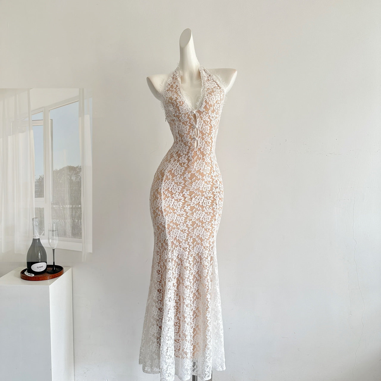 Sexy Mermaid V Neckline White Lace Summer Dress Holiday Party Birthday Outfits For Teens DP0143