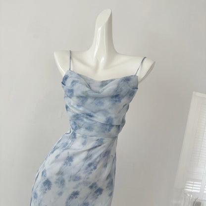 Sexy Mermaid Spaghetti Straps Blue Floral Midi Summer Dress Holiday Party Birthday Outfits For Womens DP0152