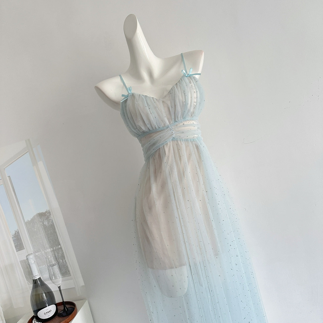 Sexy A Line Spaghetti Straps Blue Tulle Summer Dress Holiday Party Birthday Outfits For Teens DP0142