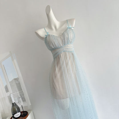 Sexy A Line Spaghetti Straps Blue Tulle Summer Dress Holiday Party Birthday Outfits For Teens DP0142