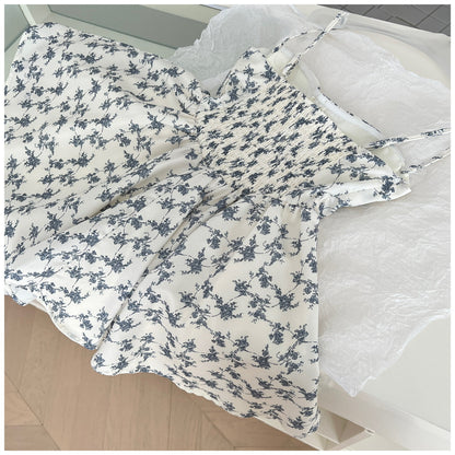 Cute A line Spaghetti Straps Blue Floral Chiffon Short Summer Dress Holiday Party Birthday Outfits DP0146