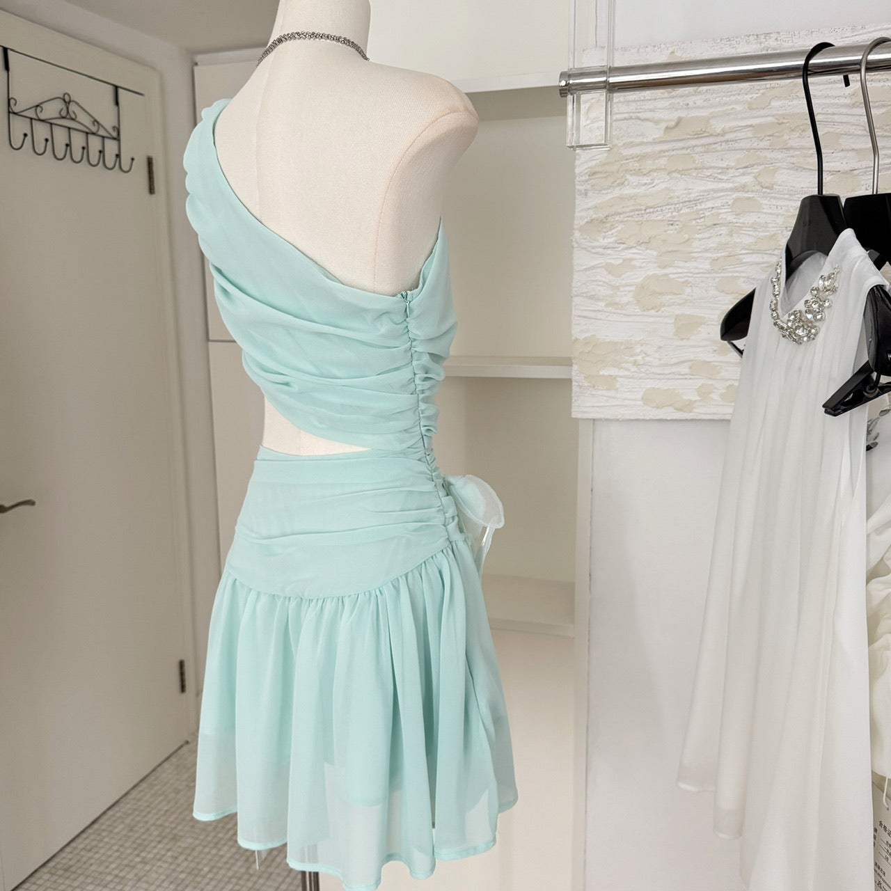 Cute A line One Shoulder Green Chiffon Short Summer Dress Holiday Party Birthday Outfits DP0147