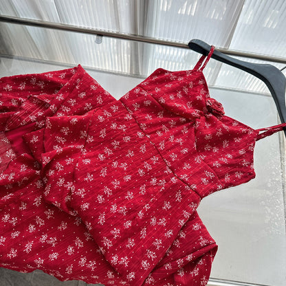 Sexy A Line Spaghetti Straps Floral Red Summer Dress Holiday Party Outfits For Women DP0128