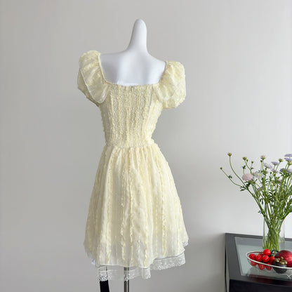 Cute A Line Square Neckline Floral Short Yellow Summer Dress Holiday Party Outfits For Women DP0122
