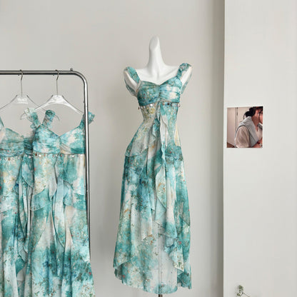 Sexy Mermaid Square Floral Green Summer Dress Holiday Party Birthday Outfits For Women DP0127