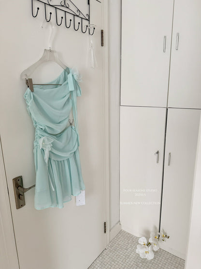 Cute A line One Shoulder Green Chiffon Short Summer Dress Holiday Party Birthday Outfits DP0147