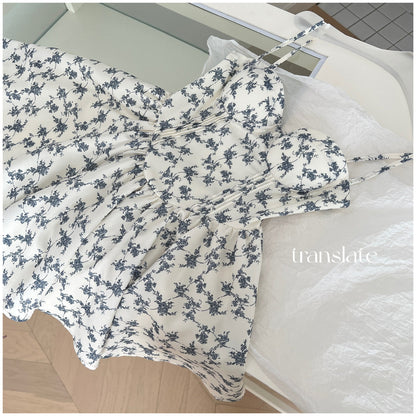 Cute A line Spaghetti Straps Blue Floral Chiffon Short Summer Dress Holiday Party Birthday Outfits DP0146