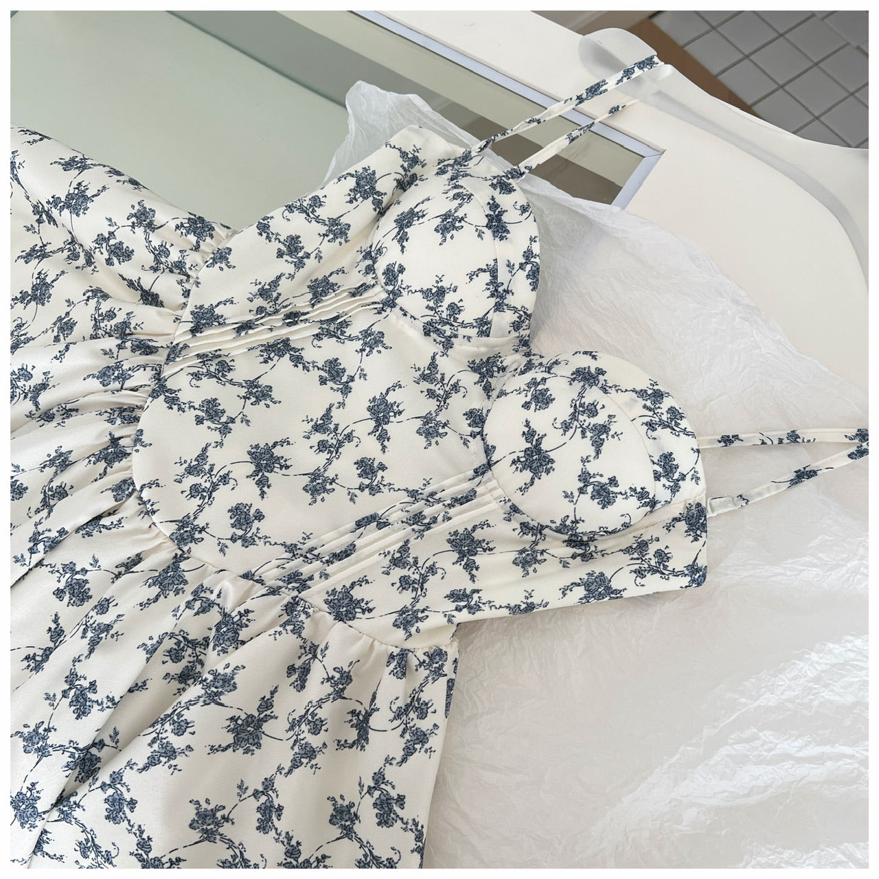 Cute A line Spaghetti Straps Blue Floral Chiffon Short Summer Dress Holiday Party Birthday Outfits DP0146