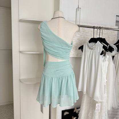 Cute A line One Shoulder Green Chiffon Short Summer Dress Holiday Party Birthday Outfits DP0147