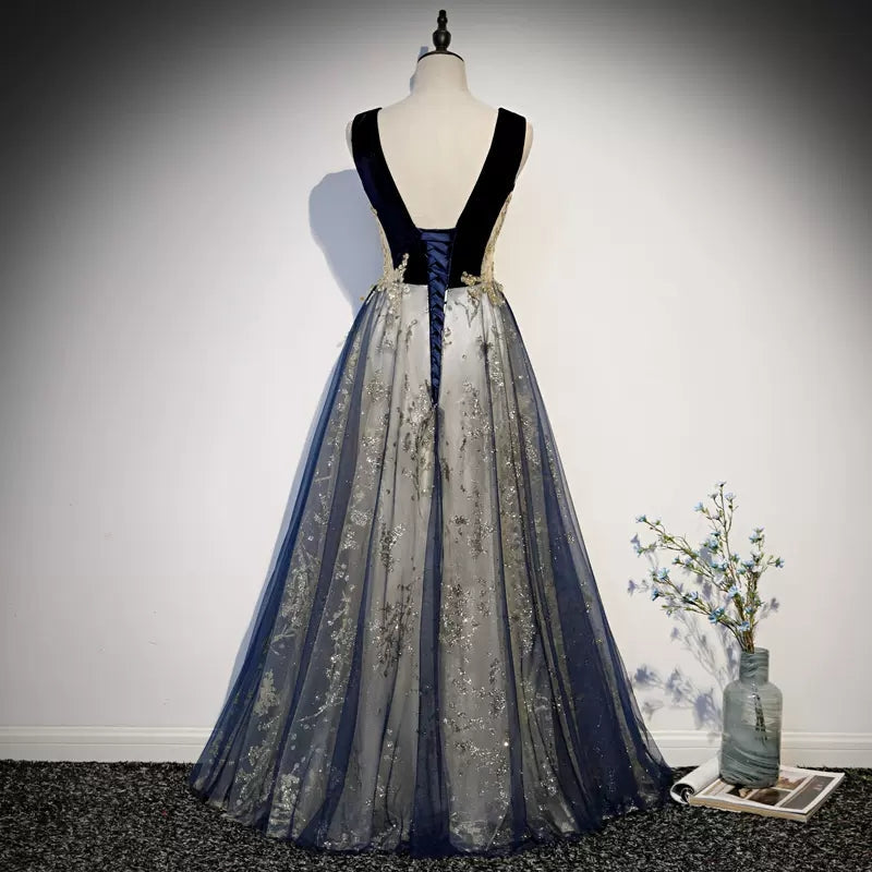Navy Blue Tulle Long Prom Dresses SH122