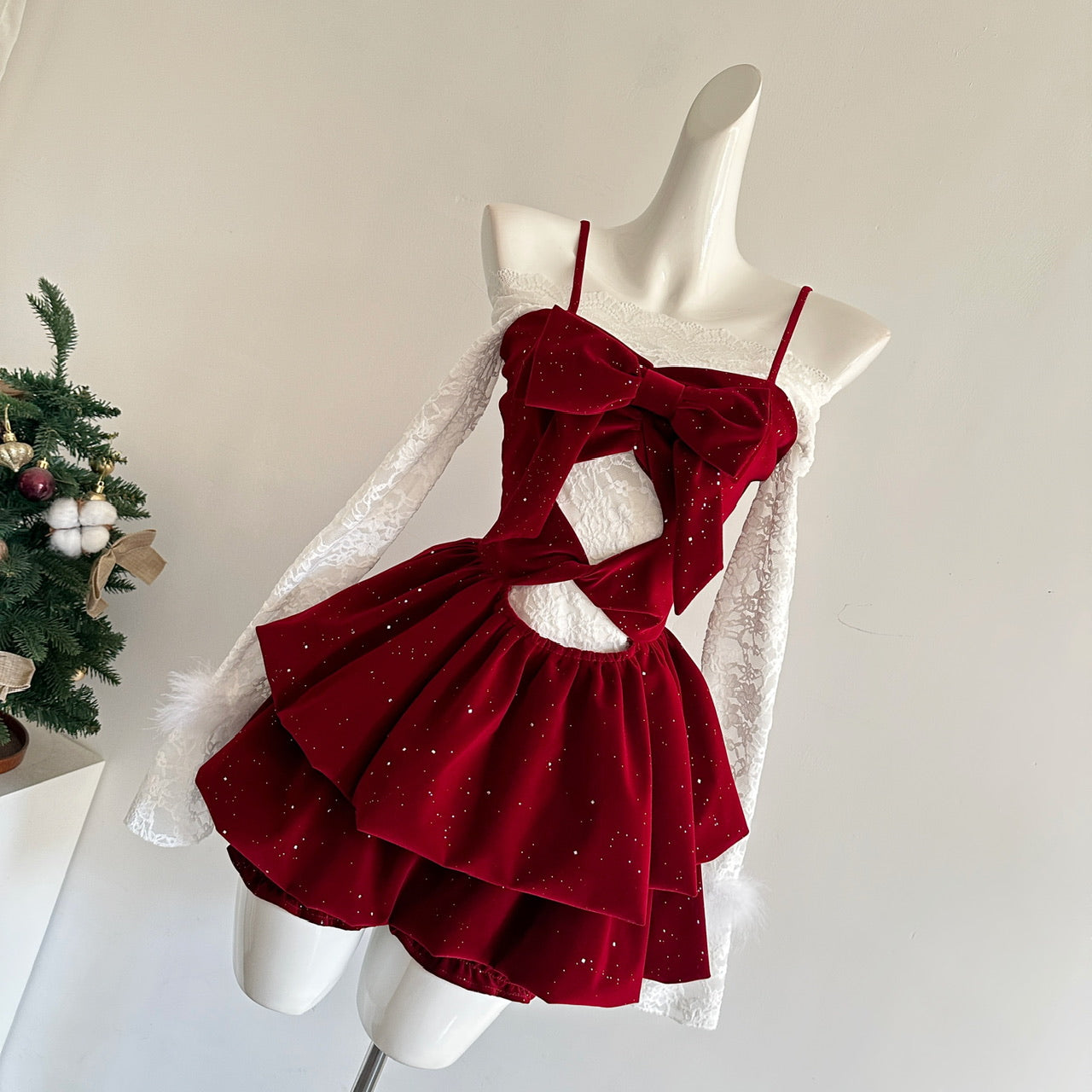 Cute Spaghetti Straps Red Ruffles Velvet Summer Dress 3 Pieces Holiday Party Outfits For Women DP0092