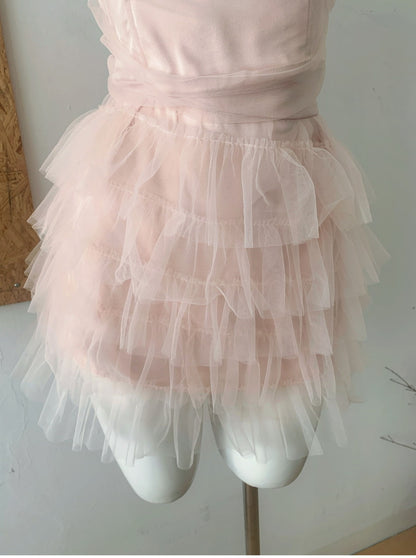 Cute Spaghetti Straps Pink Ruffles Tulle Summer Dress 2 Pieces Holiday Party Outfits For Women DP0094