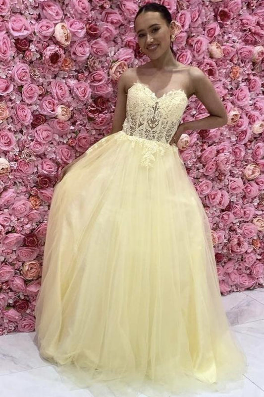 Yellow lace long A line prom dress evening dress KS6816