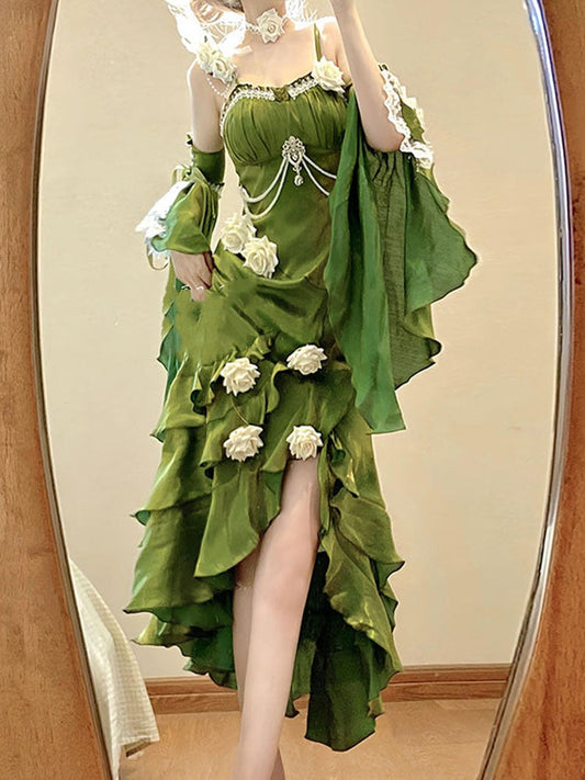 Vintage High Low Spaghetti Straps Green 16th Birthday Dress With Sleeves Lolita Dress Satin Birthday Outfits DP0223
