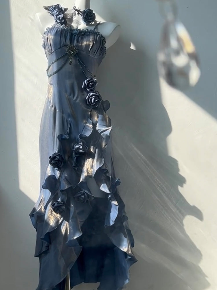 Vintage High Low Spaghetti Straps Blue 16th Birthday Dress With Sleeves Lolita Dress Satin Birthday Outfits DP0225