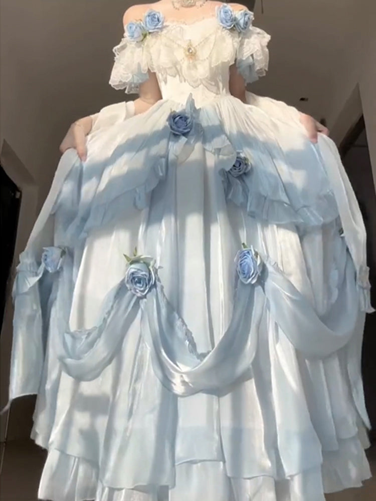 Vintage Ball Gown Off The Shoulder Short Sleeves 16th Blue Birthday Dress Lolita Summer Dress 18th Birthday Outfits W1134