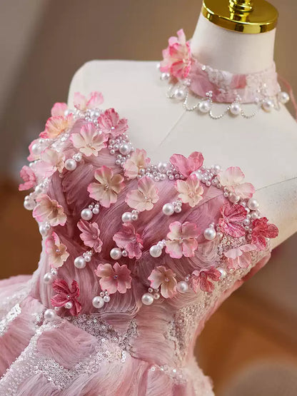 Pink fluffy sweet girl short prom dress homecoming dress party birthday party tube top princess dress gh4605