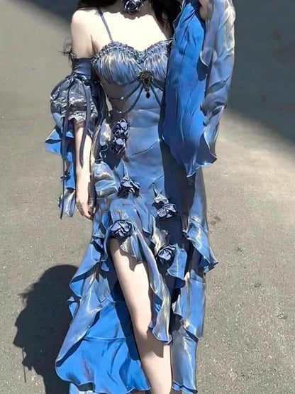 Vintage High Low Spaghetti Straps Blue 16th Birthday Dress Lolita Dress Satin Birthday Outfits DP0218