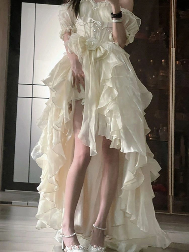 Vintage High Low Off The Shoulder Short Sleeves 16th White Birthday Dress Lolita Dress Birthday Outfits DP0221