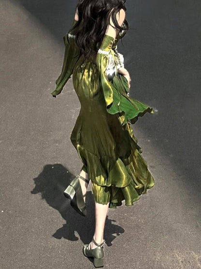 Vintage High Low Spaghetti Straps Green 16th Birthday Dress Lolita Dress Satin Birthday Outfits DP0222