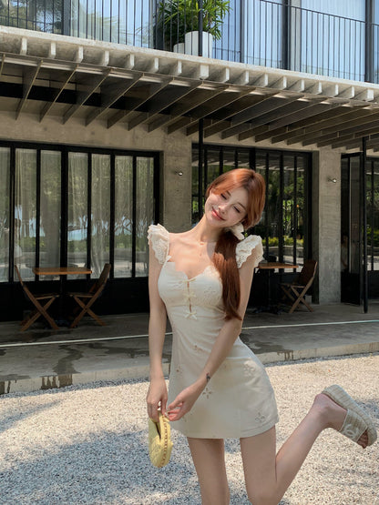 French blue floral A-line V-neck dress ED0807