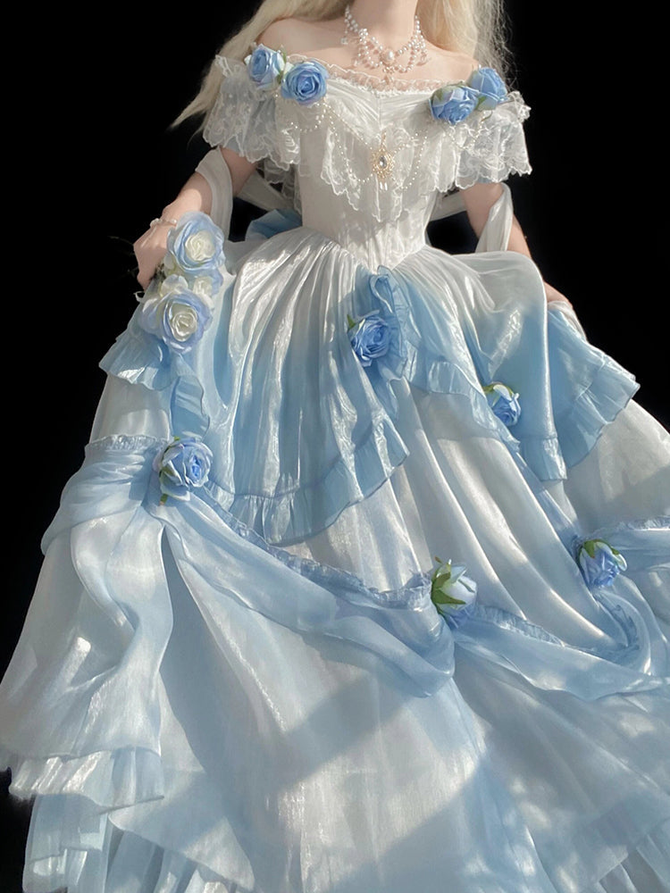 Vintage Ball Gown Off The Shoulder Short Sleeves 16th Blue Birthday Dress Lolita Summer Dress Birthday Outfits W1126