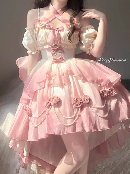 Vintage Ball Gown Halter Short Sleeves 16th Ombre Pink Birthday Dress Lolita Dress Birthday Outfits W1125
