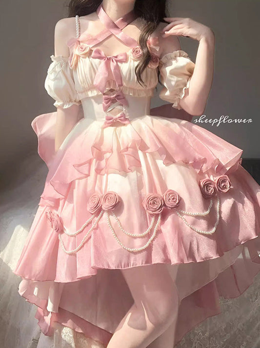 Vintage Ball Gown Halter Short Sleeves 16th Ombre Pink Birthday Dress Lolita Dress Birthday Outfits W1125