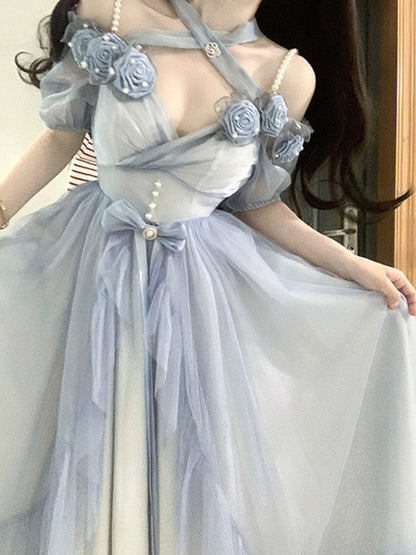 Sweet A line Sweetheart Blue Chiffon Floral Long 16th Birthday Dress Lolita Dress Birthday Outfits W1128