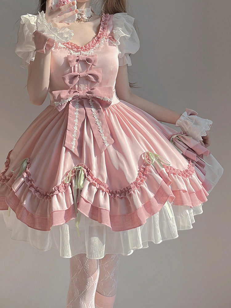 Sweet Ball Gown Lolita Outfits Short Sleeves Pink 18th Birthday Dress Lolita Summer Dress Birthday Outfits W1122