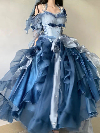 Vintage Ball Gown Off The Shoulder Short Sleeves Blue 16th Chiffon Birthday Dress Lolita Dress 18th Birthday Outfits W1132