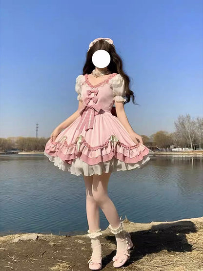 Sweet Ball Gown Lolita Outfits Short Sleeves Pink 16th Birthday Dress Lolita Summer Dress Birthday Outfits W1125