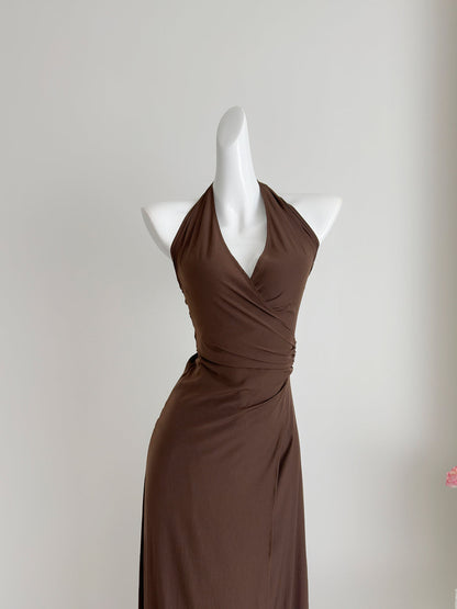 Sexy Sheath Halter Summer Brown Long Dress Holiday Party Outfits For Women DP0030