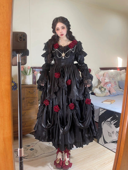 Retro Ball Gown Off The Shoulder Short Sleeves Black Rose Floral 16th Chiffon Birthday Dress Lolita Dress 18th Birthday Outfits W1244