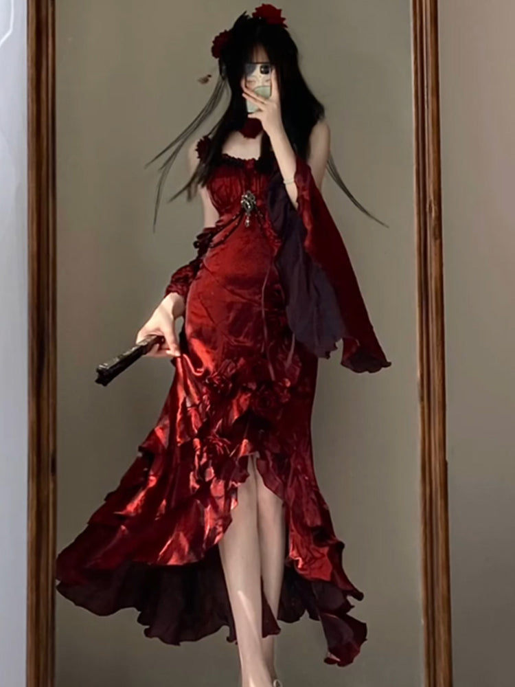 Cute High Low Burgundy Summer 18th Wine Red With Sleeves Birthday Dress Lolita Dress Birthday Outfits W1007