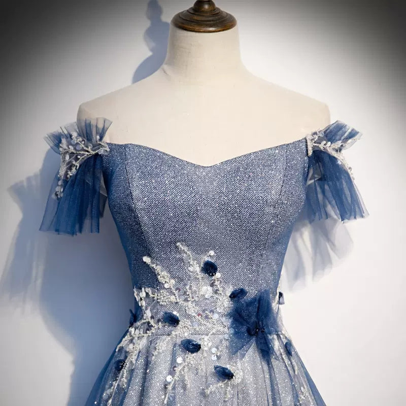 A line Off The Shoulder Tulle Blue Prom Dresses SH117
