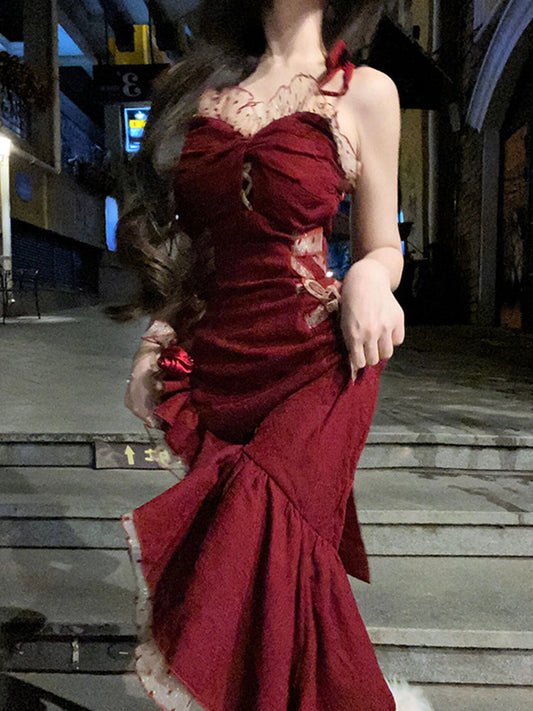 Vintage Mermaid Spaghetti Straps Burgundy Long 18th Birthday Dress Lolita Summer Dress Birthday Outfits W1121