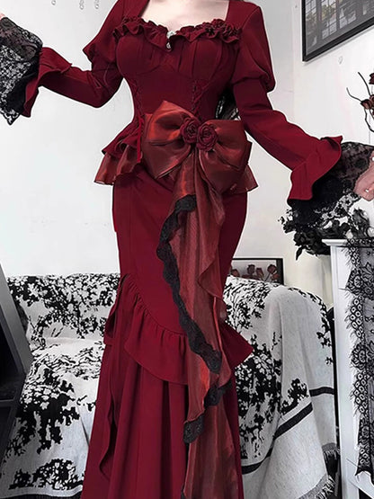 Vintage Mermaid Sweetheart Long Sleeves Burgundy Black Lace Summer 18th Birthday Dress Lolita Dress Birthday Outfits W1133