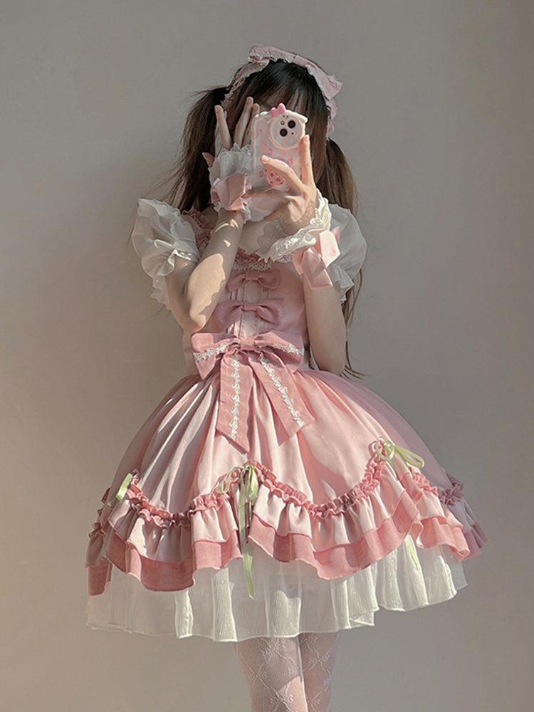 Sweet Ball Gown Lolita Outfits Short Sleeves Pink 18th Birthday Dress Lolita Summer Dress Birthday Outfits W1122