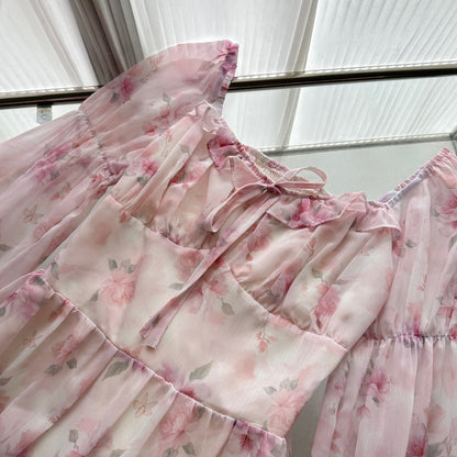 Cute A line Square Neckline Floral Pink Short Summer Dress Holiday Party Birthday Outfits DP0139