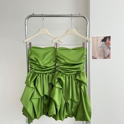 Cute A line Strapless Green Satin Short Summer Dress Holiday Party Birthday Outfits DP0145