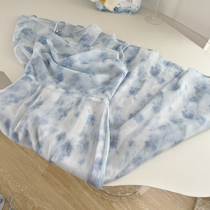 Sexy Mermaid Spaghetti Straps Blue Floral Midi Summer Dress Holiday Party Birthday Outfits For Womens DP0152